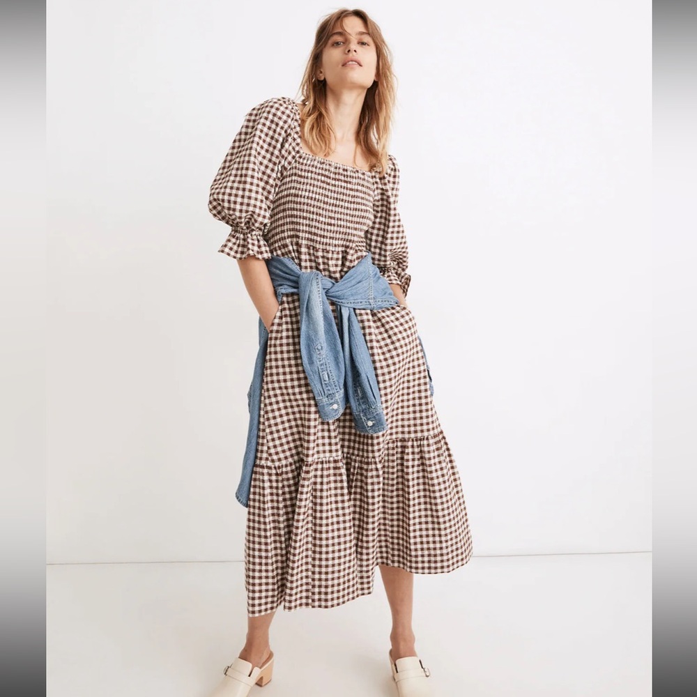 Lucie Elbow-Sleeve Smocked Midi Dress in Gingham